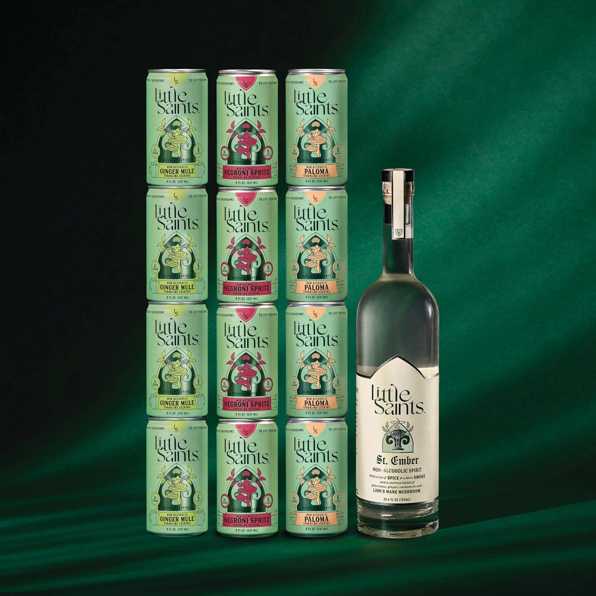 A bottle of Little Snails St. Catherine gin next to a stack of ten matching green and pink canned gin bottles on a dark green draped background.